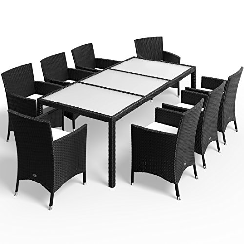 Deuba Conjunto de sillas y Mesa 8+1 de poliratán Negro Sillas apilables Cojines 7cm de Grosor Lounge Muebles Exteriores