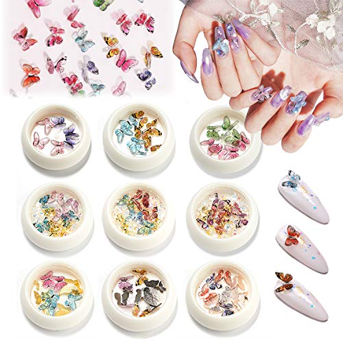 EBANKU - Juego de 9 cajas de abalorios de mariposa, diseño de piedras preciosas en 3D, cristales de metal dorado y plateado colorido para decoración de uñas, diseño de bricolaje