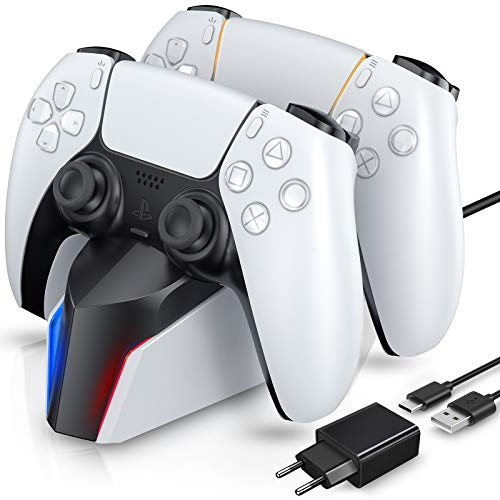 ECHTPower Cargador para Mandos PS5, Estación de Carga PS5 con LED Indicador y Adaptador de Corriente, Carga Rápida, Base de Carga para Sony Mando Playstation 5