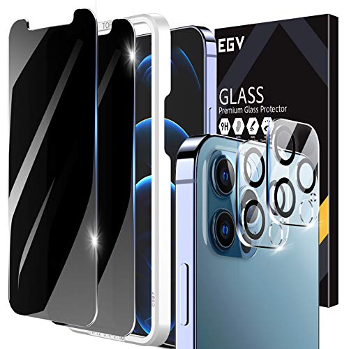 EGV Protector Pantalla Compatible con iPhone 12 Pro (6.1 Pulgadas), 2 Pack Protector de Pantalla de Privacidad y 2 Pack Protector de Lente de Cámara, Anti Spy Cristal Vidrio Templado