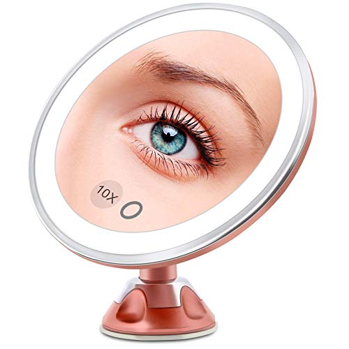 FASCINATE Espejo Maquillaje con Luz LED Aumento 10X Afeitado Aumento con Luz, Espejo Aumento LED Cosmético con Ampliación 10X y Poderoso Ventosa, Rotación 360° (Oro Rosa)