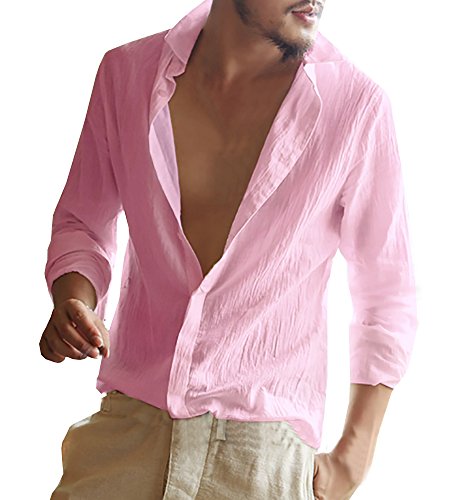 Gemijacka Camisa de lino de manga larga para hombre, camisa de verano para hombre, corte regular Rosa. M