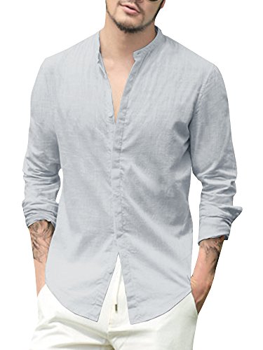 Gemijacka - Camisa de lino para hombre, corte regular Button Down - Botón, color gris L