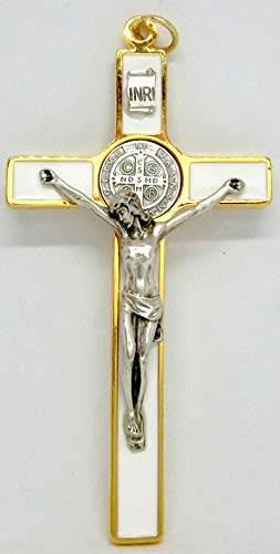 GTBITALY 10.389.21 SS Cruz de San Benito blanco esmaltada a mano Medida 12 cm Oro con anillo exorcista exorcismo