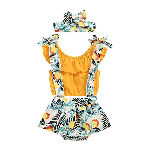 Janly Clearance Sale Conjunto de trajes para niñas de 0 a 24 meses, camisetas con volantes y tirantes con estampado de sandía de melocotón, para niños grandes de 9 a 12 meses (amarillo)