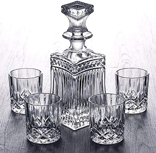 Jarra de whisky Conjunto de decantores de whisky - Conjunto de regalos para hombres, 700 ml Decantador con 6 gafas de vidrio de cristal (220 ml) Fijador de licor para licor, cócteles, escocés, Borbón,