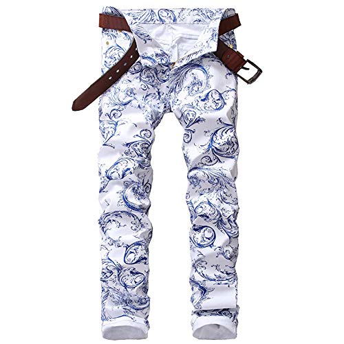 Jeans Vaqueros Pantalon Pantalones Vaqueros con Estampado De Patrón De Porcelana Azul Y Blanca De Moda para Hombre Pantalones Lápiz De Mezclilla Elásticos Ajustados Pantalones Largos-White_4