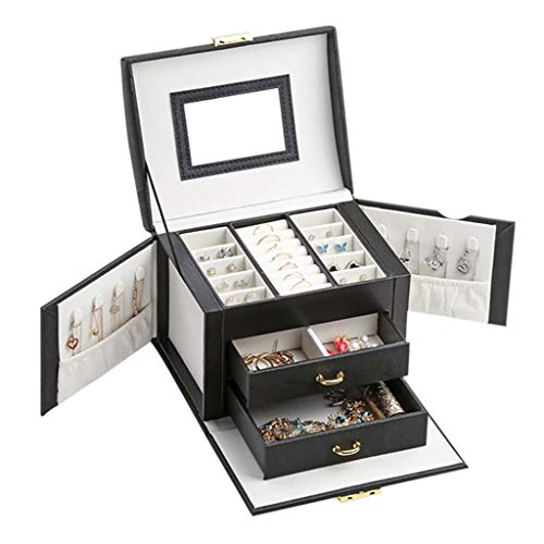 Jewelry Box Joyero De Gran Capacidad Caja De Almacenamiento De Joyería De Extensión De Doble Cara Tipo Cajón Multicapa con Espejo Y Cerradura (Color : Black, Size : 17.5×13.5×12cm)