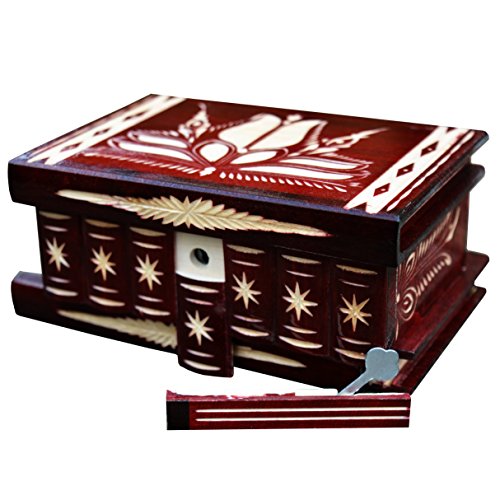 Joyero Joyero, soporte para anillos, regalo para mujeres, cajas de almacenamiento decorativas, caja de misterio secreto de madera tallada (rojo oscuro)