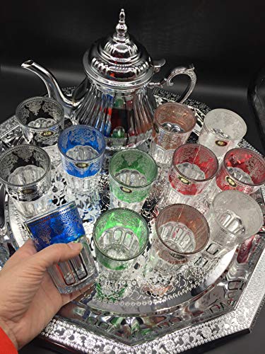 Juego de té marroquí Completo, Tetera con Filtro Integrado 1.6ml + Bandeja XL 50cm plateada hexagonal con asas de 60cm diámetro y 12 Vasos de cristal multicolor