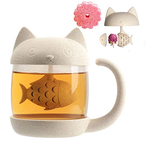 KIWILL Taza de Té con Filtro para Infusor de Té, Diseño de Gato, Ideal Como Regalo para los Amantes de los Gatos, 250 ml (8oz), Esponja de limpieza gratis