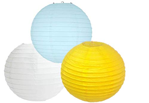 Linternas de papel de colores mezclados de 3 farolillos redondos de papel para decoración de fiestas (tono azul y amarillo, 25 cm)