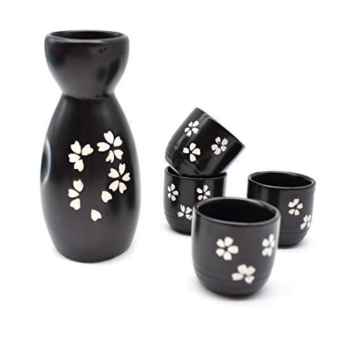 Liwien Sake Set,5 Piezas Sake De CerÁMica Japonesa Tradicionales Botella De Sake Porcelana Cups Tazas De CerÁMica Manualidades Regalo(Negro)