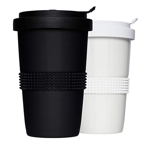 Mahlwerck Juego de 2 tazas de café para llevar, de porcelana, con tapa antigoteo, color blanco y negro, 400 ml