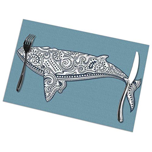 Mantel Individual Manteles individuales pez ballena étnico náutico con símbolo de tótem y patrón de paisley antiguo kitsch pizarra azul y mantel blanco 30X45CM