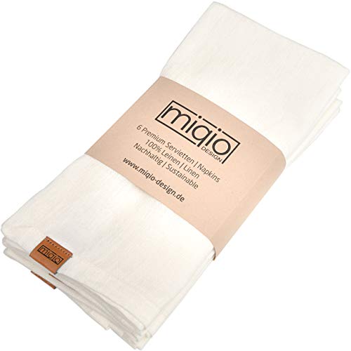 Miqio® Servilletas de lino de alta calidad | 100% lino de Francia | marca de piel auténtica | juego de 6 servilletas | lavable a máquina a 60 °C | servilletas de tela (marfil) ...