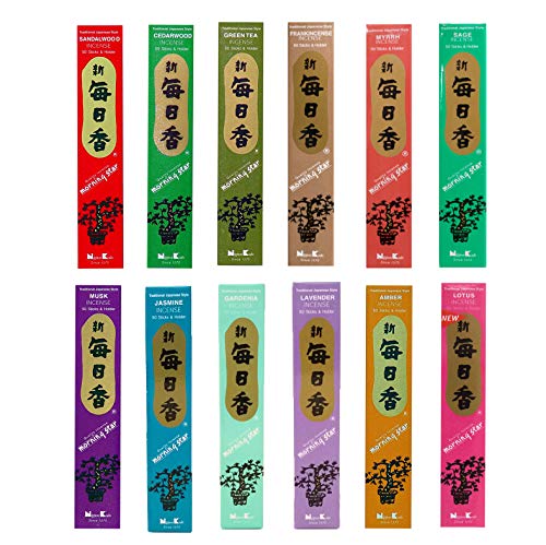 Morning Star Nippon Kodo Incienso – 12 fragancias surtido (total 12 x 50, 600 varillas) – sándalo, madera de cedro, té verde, incienso, mirra, salvia, almizcle, jazmín, Gardenia, lavanda, ámbar, loto