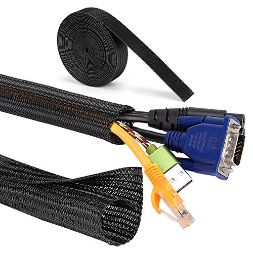 MOSOTECH Organizador Cables, 2 X 1.6m Cubre Cables Expandible con Corte Fácil Negro Bridas, Organizador de Cables Mesa a Prueba de Polvo para Office y PC Escritorio, Ø10mm, Negro