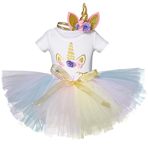 NNJXD Unicornio Arco Iris Tutú Primer Cumpleaños Trajes de 3 Piezas Mameluco + Falda + Diadema de Oro Tamaño (1) 1 año púrpura