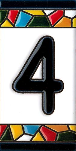 Número y letras para casa, Cerámica Pintada a Mano 5 x 11 cm md trencadis, Grabado y Cerámica Española (Número 4)