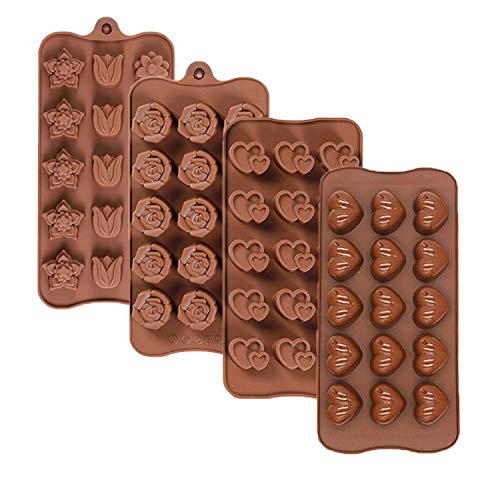 Olywee Valentines - 4 moldes de silicona para chocolate con 15 cavidades en forma de corazón, rosa y flor, para boda, San Valentín