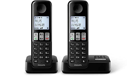 Philips D2552B / 01- Teléfono DECT inalámbrico con 2 Auriculares con contestador automático, 50 Nombres/números e identificador de Llamadas - Negro