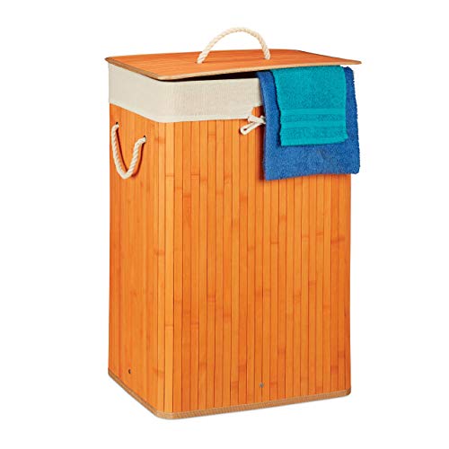 Relaxdays, Cesto de ropa de bambú con tapa, rectangular, XL 83 L, Papelera plegable, HW 65.5 x 43.5 x 33.5 cm, naranja