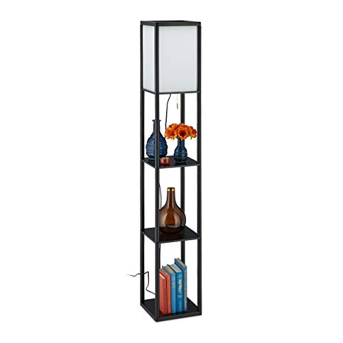 Relaxdays Lámpara de pie con estante, 160 x 26 x 26 cm, casquillo E27, madera y acrílico, diseño moderno, color negro 10034463