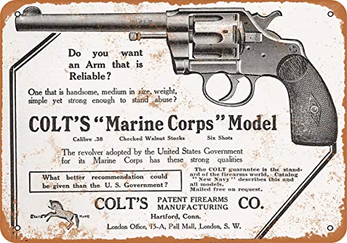 Scott397House Metal Tin Sign, 1905 Colt Marine Corps Model .38 Revolver Vintage Wall Plaque Man Cave Poster Decorative Sign Home Decor for Indoor Outdoor Birthday Gift 7x10 Inch