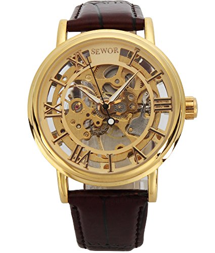 SEWOR - Reloj de Pulsera mecánico Transparente esqueletizado para Hombre, con Correa Estilo Vintage (Oro)
