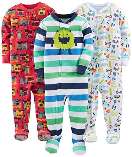 Simple Joys by Carter's pijama de algodón para bebés y niños pequeños, 3 unidades ,Monster/Fire Truck/White ,12 Meses
