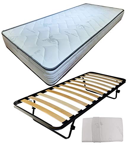 Somier de láminas individual de 80 x 190 cm para ahorrar espacio, con patas extraíbles y colchón de espuma viscoelástica de 19 cm + almohada de espuma viscoelástica.
