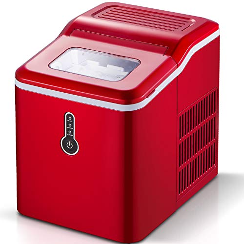 Sunmaki Máquina para hacer cubitos de hielo, 12 kg, 24 h, de acero inoxidable, depósito de agua de 1,5 L, producción de 9 cubitos de hielo, preparación en 8 min (rojo)