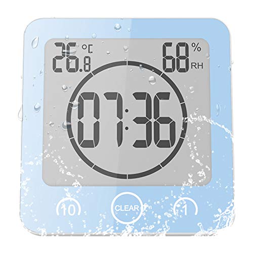Sunsbell Reloj de baño digital, resistente al agua, para ducha, baño, con temperatura y humedad, pantalla LCD, control táctil inteligente, reloj de pared, temporizador de cocina (azul)