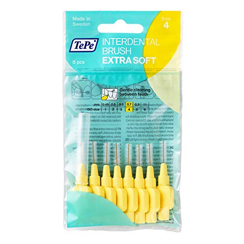 TePe Cepillos interdentales Extra Suaves/Palillos interdentales para una higiene bucal delicada/Tamaño 4, diámetro 0,7mm / 8 unidades por paquete, color amarillo claro