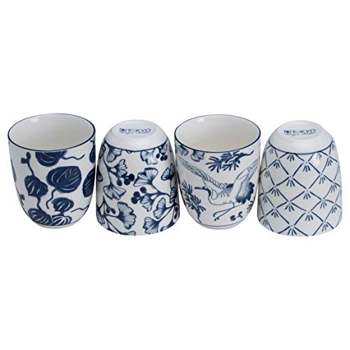 TOKYO design studio Flora Japonica - Juego de tazas de té de porcelana estilo Yunomi, caja de regalo decorativa, apta para microondas y lavavajillas, 5-3/4 onzas cada una, azul y blanco