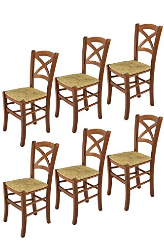 Tommychairs - Set 6 sillas Cross para Cocina y Comedor, Estructura en Madera de Haya Color Nuez Claro y Asiento en Paja