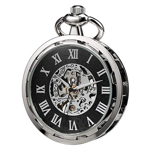 TREEWETO Reloj de bolsillo con diseño de esqueleto abierto para hombre, bronce antiguo, cuerda mecánica, con caja de regalo de cadena