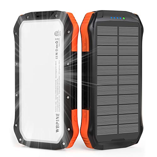 WBPINE Batería externa solar de 20100 mAh, resistente al agua, con luz LED y salidas de 2,1 A, portátil, batería externa para iPhone, Samsung, camping y exteriores