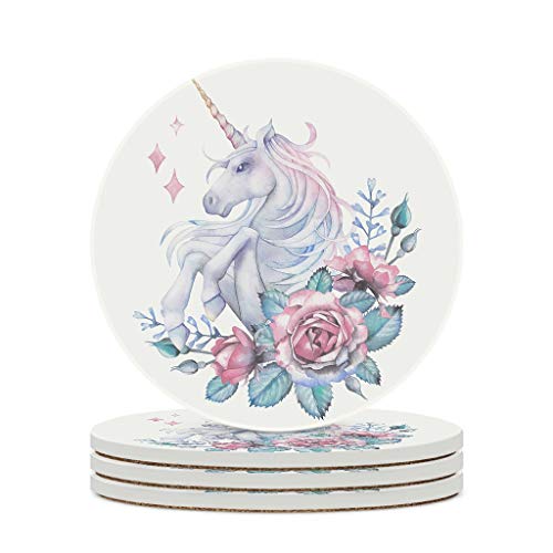 Wraill Posavasos redondos con diseño de flores, unicornio, caballo, cerámica, juego de 4/6 piezas, posavasos prémium con base de corcho para vasos, tazas, color blanco, 6 unidades
