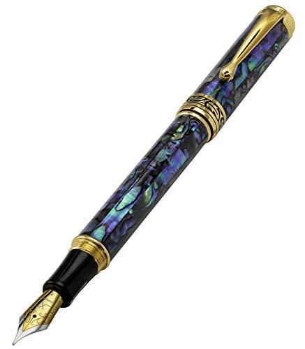 Xezo Maestro - Pluma estilográfica de punta fina de concha natural con piezas chapadas en oro de 18 quilates. No hay dos bolígrafos iguales