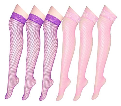 Yulaixuan Medias de rejilla para mujer Medias de malla de encaje neto Medias altas para muslos Paquete de 6 (3 púrpura / 3 rosa)
