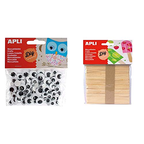 APLI - Bolsa ojos móviles negros redondos adhesivos, 100 uds + Bolsa palo polo natural, 50 uds