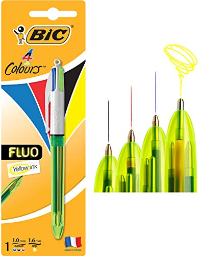 BIC 4 colores Fluo bolígrafos Retráctiles - Tinta Negra, Azul, Rojo y Amarillo Fluorescente, Blíster de 1 Unidad