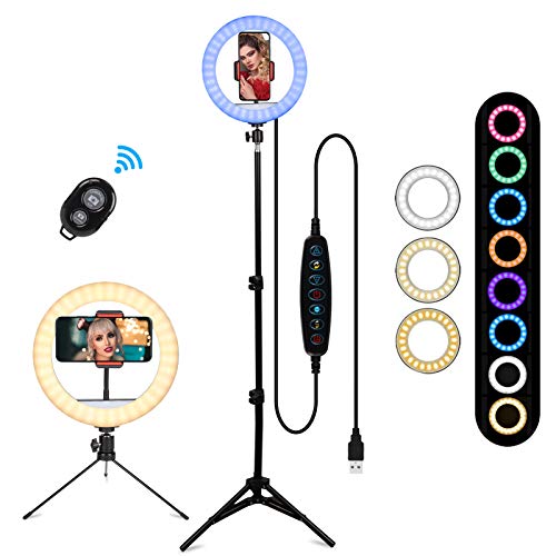 BLOOMWIN Aro de Luz 10'' LED Anillo de Luz 26 Colores RGB Regulable con 2 Trípodes y Soporte para Teléfono 3 Modos y 10 Brillos Control Remoto Bluetooth para Selfie Youtube Video Tiktok Maquillaje