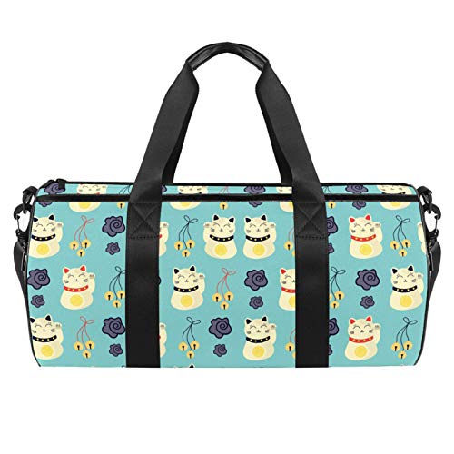 Bolsa de viaje cilíndrica de viaje con bolsillo mojado, ligera, con diseño de gatos de la suerte japoneses, con correa de hombro para hombres y mujeres