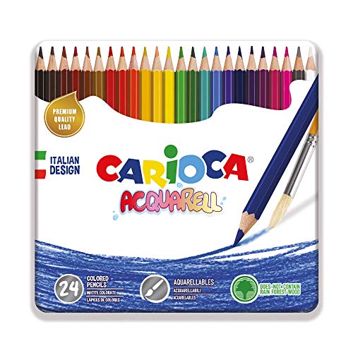Carioca Lápices Acquarell | Lápices de Colores Acuarelables en Lata para Niños y Adultos, Lápices con Punta Resistente, Colores Surtidos 24 Uds
