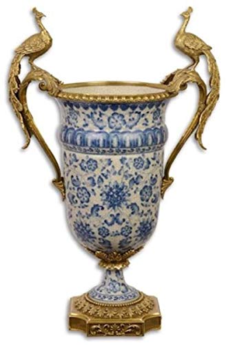 Casa Padrino jarrón Decorativo Barroco Crema/Azul/Oro 40 x 24 x A. 60,3 cm - Magnífico florero de Porcelana con 2 Asas de Bronce Nobles - Accesorios Decorativos en Estilo Barroco