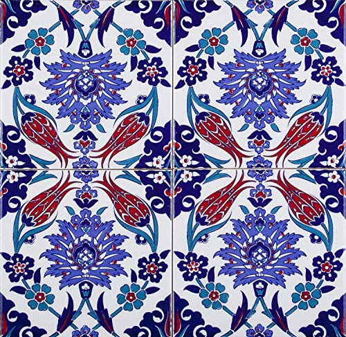 Cerames Makbule - Coloridos azulejos turcos, 1 paquete - 0.48m2 (12 piezas), azulejos de cerámica Iznik con patrón, 20x20, ideal para la cocina o el baño.