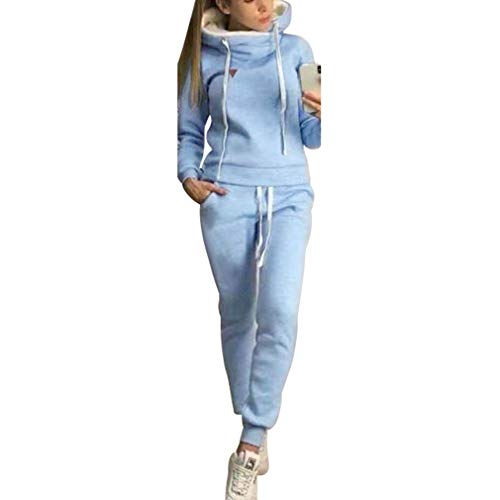 Chándal de 2 piezas para mujer, con manga larga, forro cálido, sudadera con capucha y pantalón deportivo de running, S-5XL azul claro 4XL